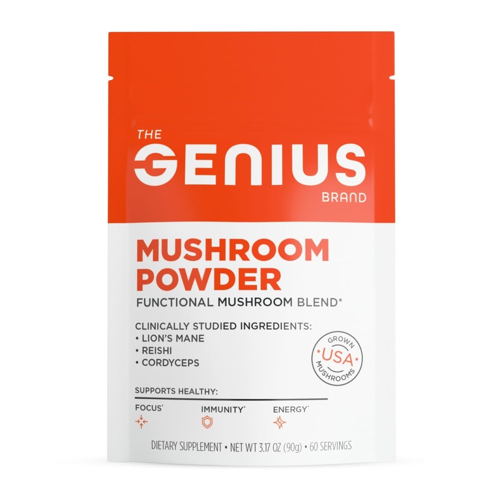 The Genius Brand Mushroom Powder - Includes Lion's Mane, Cordyceps & Reishi - Supports Brain Health, Immune System & Energy Levels - USDA Organic Mushroom Powder - 3.17 oz (60 Servings)