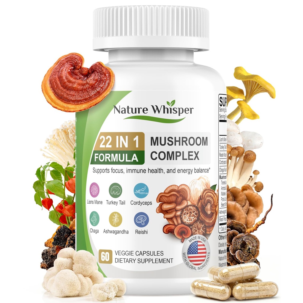 22 in 1 Lions Mane Mushroom Supplement with Ashwagandha | Black Pepper for Wellness Support, Mushrooms Complex with Turkey, Tail, Reishi, Cordyceps, Chaga, Maitake & More - 60 Capsules