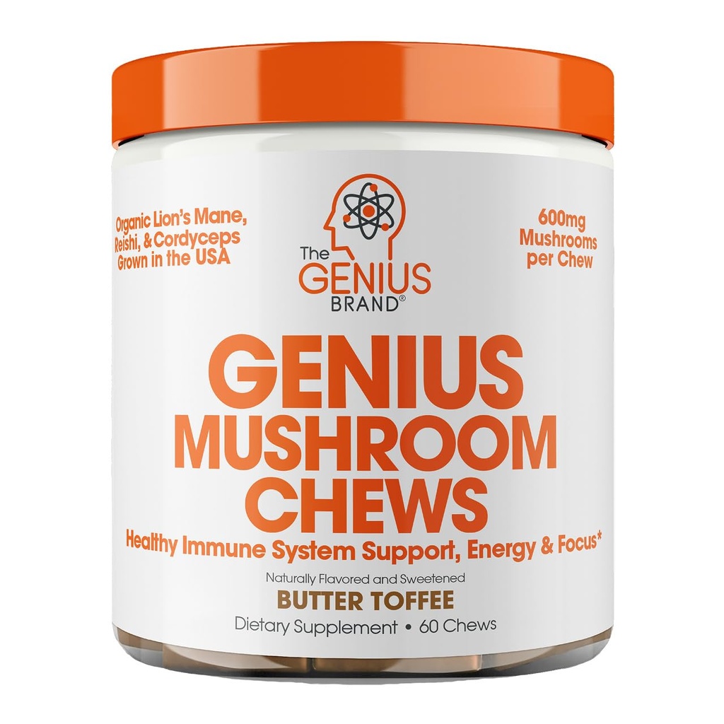 The Genius Brand Genius Mushroom - Plant-Based Supplement for Immune, Focus & Energy Support - Lion's Mane, Cordyceps & Reishi - Organic & Non-GMO - Butter Toffee - 60 Soft Chews