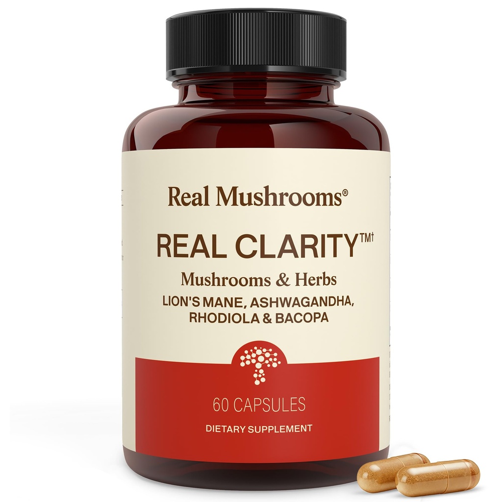 Real Mushrooms RealClarity Capsules – Lion’s Mane, KSM-66 Ashwagandha, Rhodiola & Bacopa – Mental Sharpness, Alertness. & Adaptogenic Support – Vegan, Non-GMO – 60 Count Mushroom Supplement
