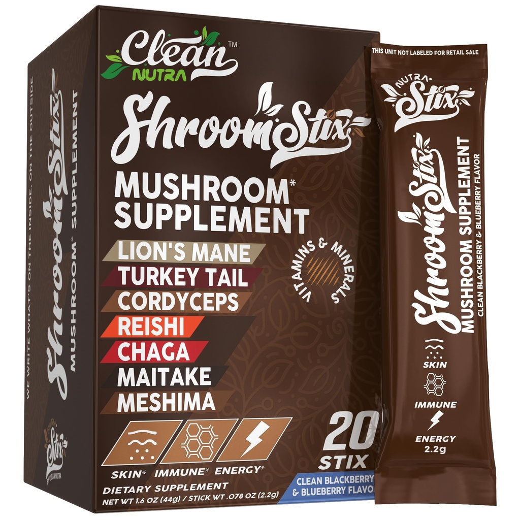 Clean Nutraceuticals Lions Mane Mushroom Supplement with Turkey Tail Reishi Cordyceps Chaga Maitake Meshima Poria Cocos Shiitake Oyster Porcini Enoki (20 Count (Pack of 1))
