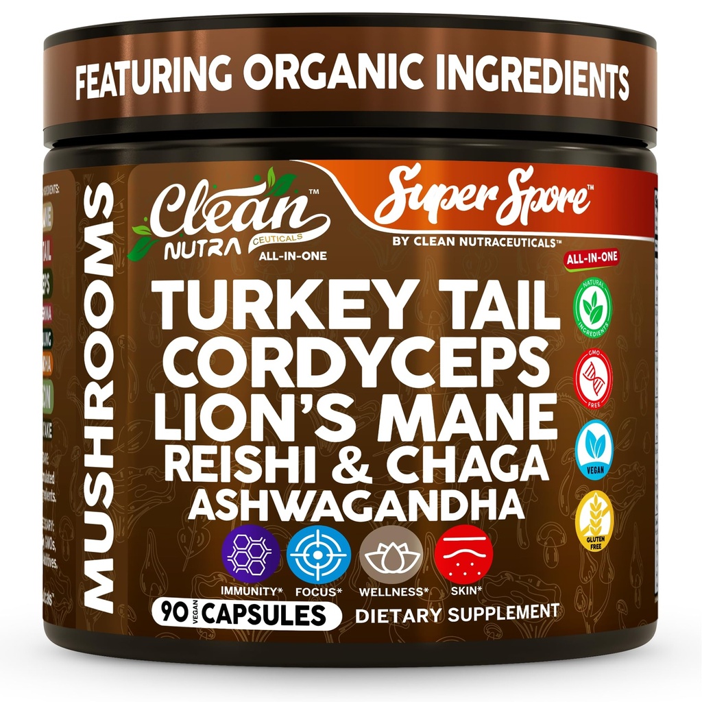 Organic Turkey Tail Mushroom Supplement Capsules | Lions Mane Cordyceps Reishi Chaga + Ashwagandha Stress Relief Nootropic Immunity Adaptogens Mood Support 90 Vegan Capsules By Clean Nutra