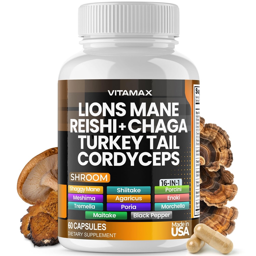 Vitamax Lions Mane Mushroom, Turkey Tail, Chaga & Reishi, Cordyceps Shiitake White Elm King Trumpet Nameko Oyster Porcini Focus & Energy - Made in USA (60 Capsules (Pack of 1))