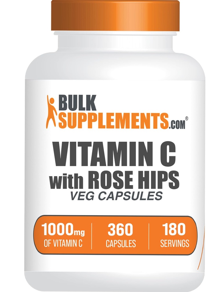 BulkSupplements.com Vitamin C with Rose HIPS Capsules - Ascorbic Acid Supplemnet, Rose HIPS for Immune Support - Vegan, 2 Capsules per Serving (1000mg), 360 Count (Pack of 1)