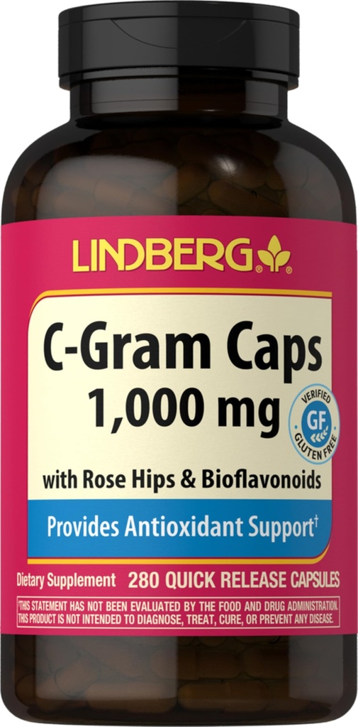 Lindberg Vitamin C 1000mg | with Bioflavonoids and Rose Hips | 280 Capsules | Non-GMO, Gluten Free Supplement