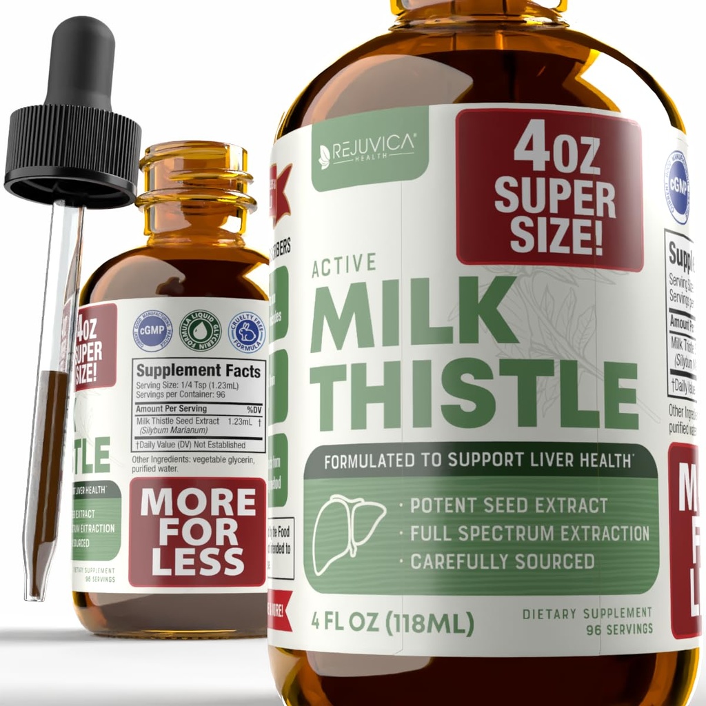 Rejuvica Health Active Milk Thistle 4oz XL Super Size - Advanced Milk Thistle Seed Liquid Extract Drops - May Support the Liver - Vegan Sugar Free Non GMO Tincture