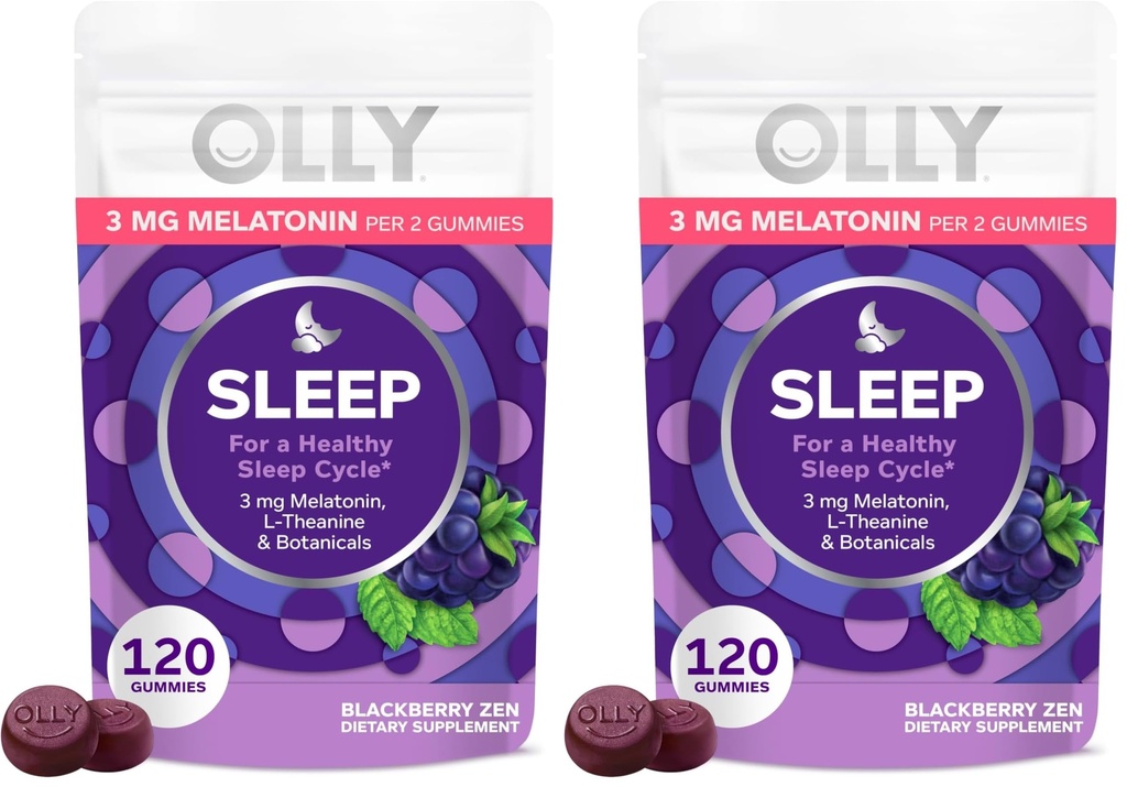 OLLY Sleep Gummy,3 mg Melatonin,L-Theanine,Chamomile,and Lemon Balm Extracts,BlackBerry Flavor,60 Day Supply -,120 Count (Pack of 2)