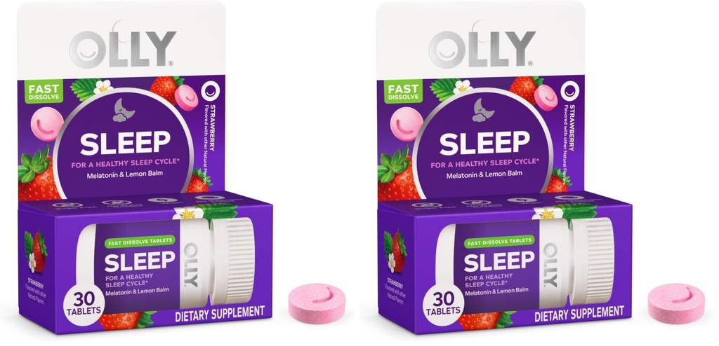 OLLY Sleep Fast Dissolves, 3mg Melatonin, Lemon Balm, Strawberry Flavor, 30 Day Supply - 30 Count (Pack of 2)