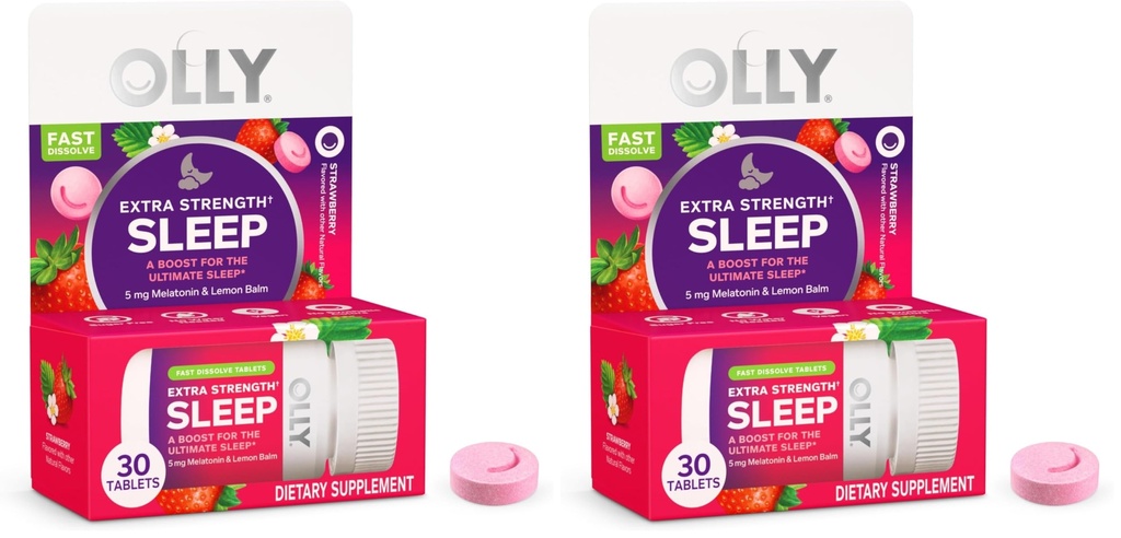 OLLY Extra Strength Sleep Fast Dissolve Tablets, 5mg Melatonin, Vegan, Strawberry - 30ct (Pack of 2)
