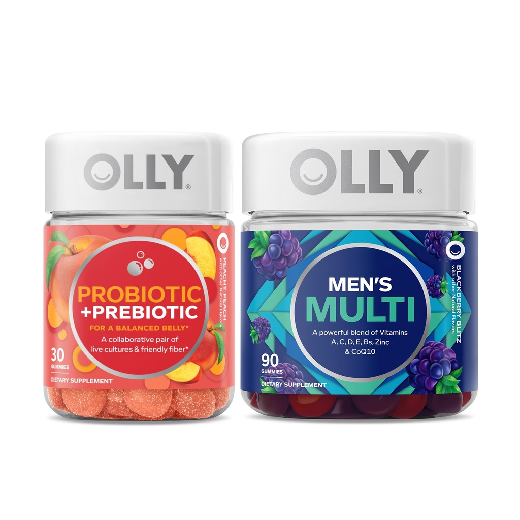 OLLY Probiotic + Prebiotic and Men’s Perfect Multi Starter Pack Bundle, Live Cultures & Friendly Fiber, Vitamins A, D, C, E, Bs, Zinc & CoQ1030, 30 and 90 Count