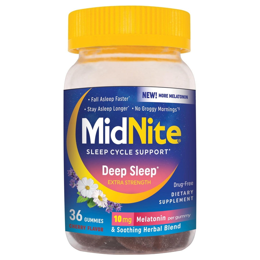 MidNite Deep Sleep Extra Strength, 10 mg Melatonin Sleep Aid, Non-Habit Form, Herbal Diyeter Supplement for Yetişkinler, Drug-Free, Gluten-Free, Lactose-Free, Vegetarian-Friendly, 36 Gummiesnin