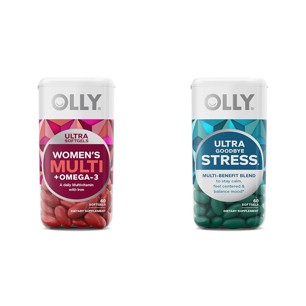 OLLY Ultra Women's Multi Softgels & Ultra Strength Goodbye Stress Softgels, GABA, Ashwagandha, L-Theanine and Lemon Balm, Stress Relief Supplement - 60 Count