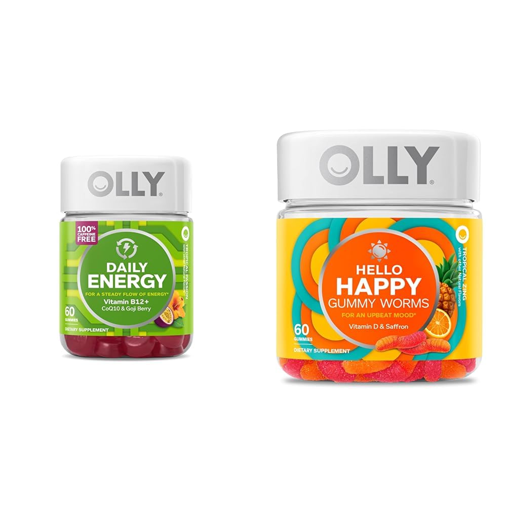 OLLY Daily Energy Gummy, Caffeine Free, Vitamin B12, CoQ10, Goji Berry, Adult Chewable Supplement & Hello Happy Gummy Worms, Mood Balance Support, Vitamin D, Saffron, Adult Chewable Supplement