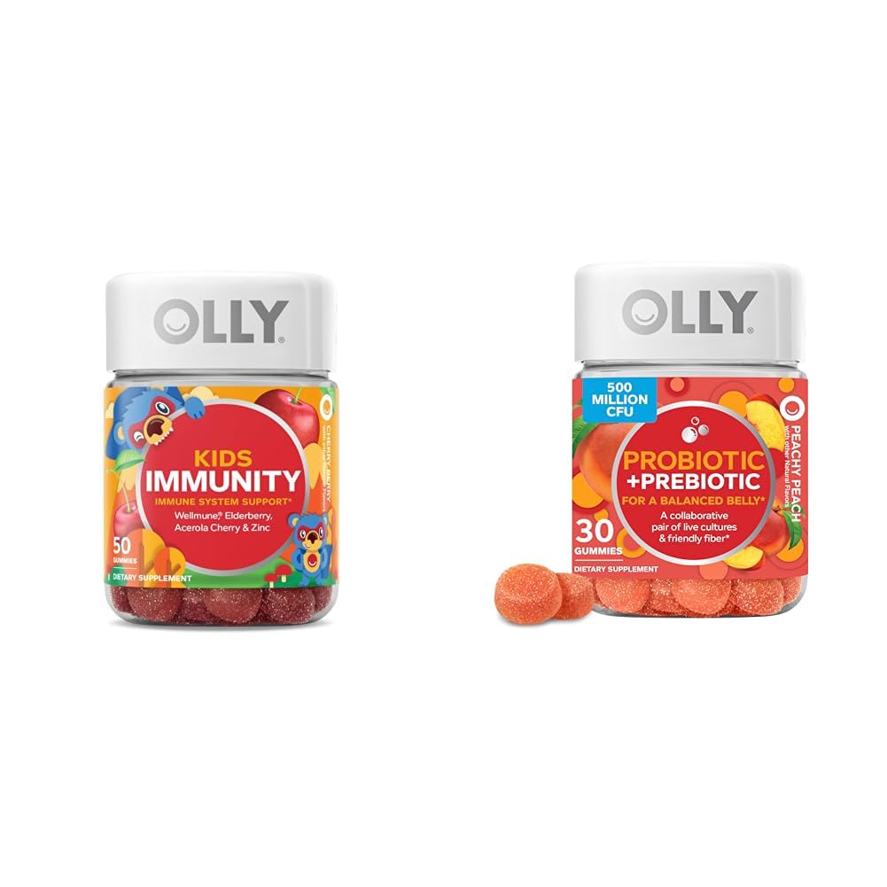 OLLY Kids Immunity Gummy, Immune Support, Wellmune, Elderberry, Vitamin C, Zinc & Probiotic + Prebiotic Gummy, Digestive Support and Gut Health, 500 Million CFUs, Fiber