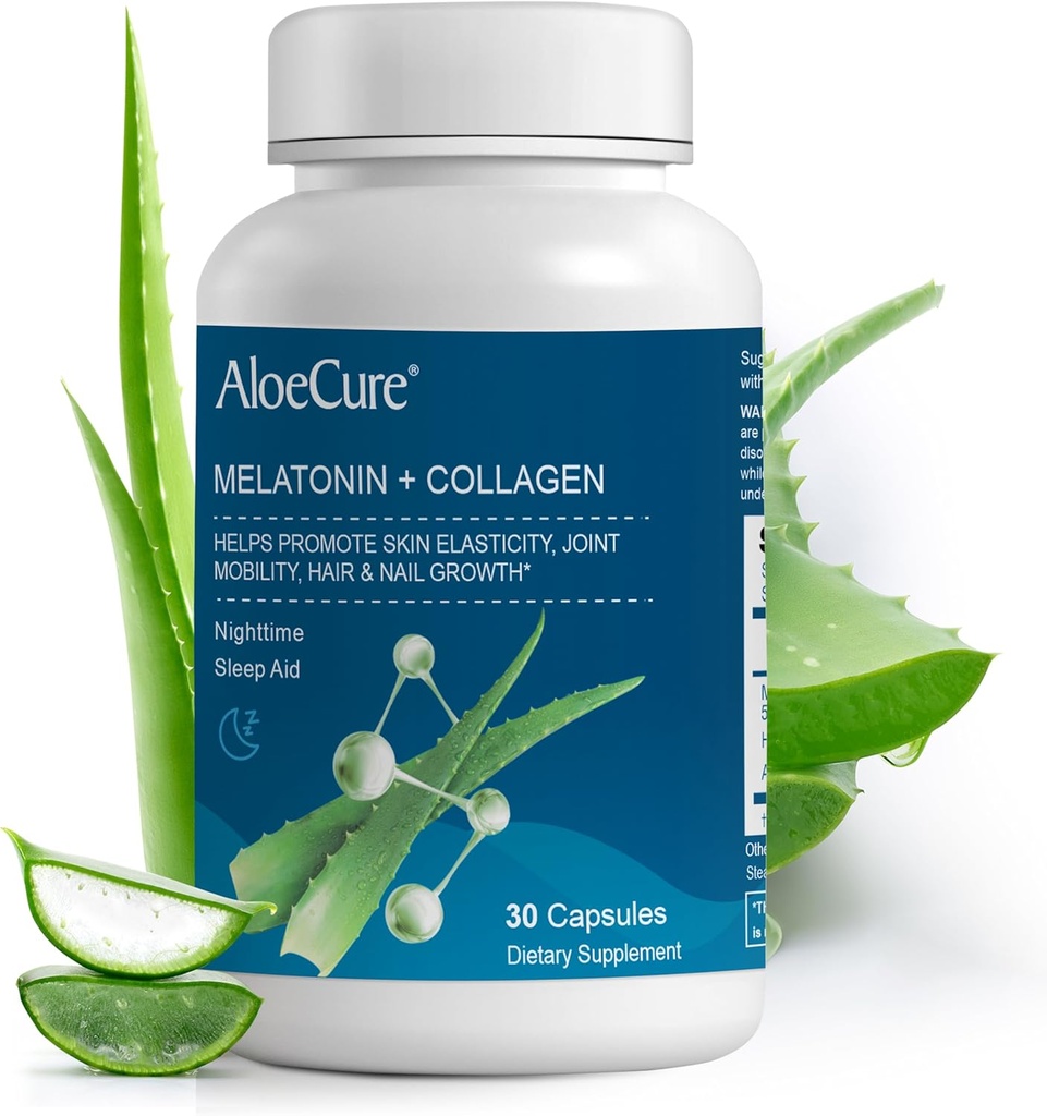 AloeCure Natural Melatonin + Collagen with Organic Aloe Vera - Natural Sleep Aid Supplement for Restful Nights - Ortak Kuvvet için Collagen Kompleksi, Skin Elasticity, Hair & Nail Büyüme, 30 Capsules