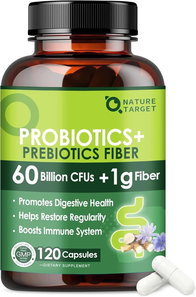 Prebiyotik Fiber ile Kadın ve Erkekler için Probiyotikler - Düzenlilik ve Gut Cleanse için 60 milyar Probiyotik ile Fiber Supplement - Destekler Occasional Constipation - 120 Veggie Capsules