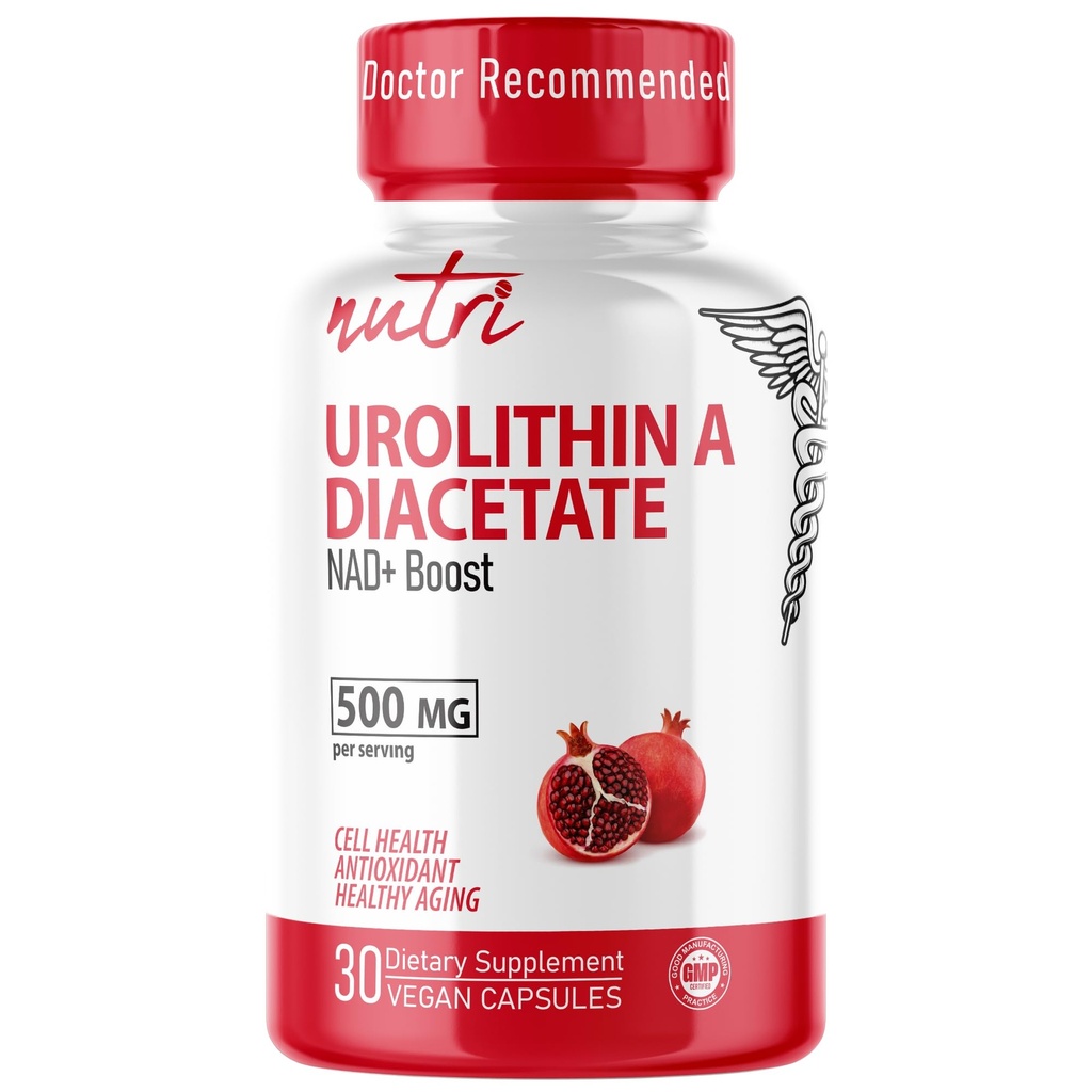 Nutri Urolithin A Supplement 500mg - Powerful Antioxidant, Health & Wellness Booster - 3rd Party Tested - 500 mg Urolithin A Diacetate - 30 Vegan Capsules 2 Week+ Supply - NSF cGMP Certified Facility
