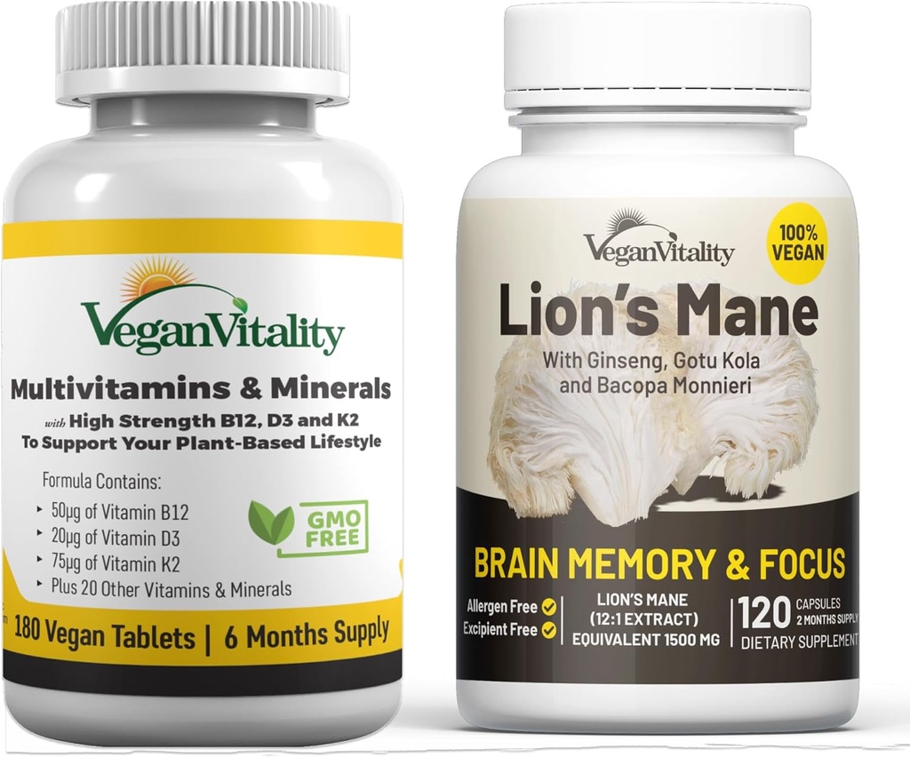 Vegan Vitality Brain Nutrition Bundle - Lions Mane Nootropic Capsles και Vegan Multivitamins. Συμπληρώματα υψηλής αντοχής για τη μνήμη και εστίαση και τη συνολική υγεία για τους χορτοφάγους και τους χορτοφάγους