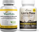 Vegan Vitality Brain Nutrition Bundle - Lions Mane Nootropic Capsles και Vegan Multivitamins. Συμπληρώματα υψηλής αντοχής για τη μνήμη και εστίαση και τη συνολική υγεία για τους χορτοφάγους και τους χορτοφάγους