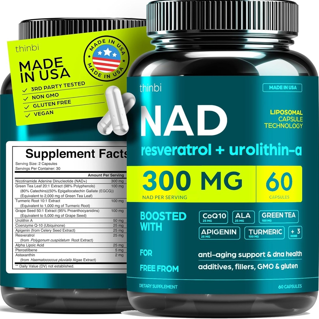 NAD Supplement 300Mg Extra Strength NMN Alternative Liposomal + Green Tea for Women & Men w / Urolithin A, Resveratrol, CoQ10, Alfa Lipoic Acid