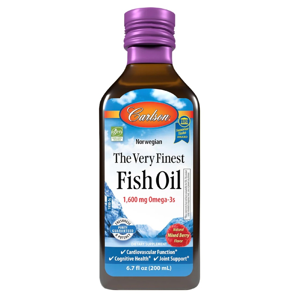 Carlson The Very Finest Fish Oil, 1600 mg Omega-3s, Karma Berry Flavor, 200 mL - Sıvı Norveç Balık Petrolü, Wild-Caught & Sustainable Sourced