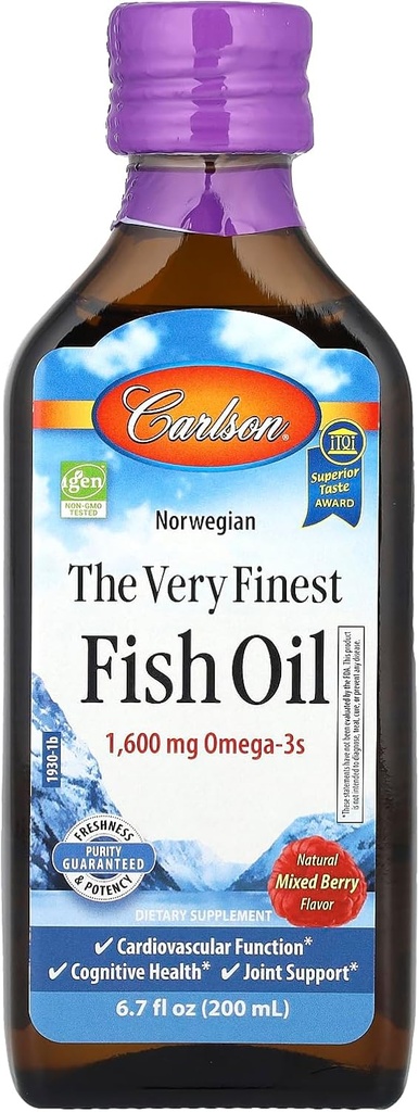 Carlson The Very Finest Fish Oil, 1600 mg Omega-3s, Mixed Berry Flavor, 200 mL – Υγρό Νορβηγικό ιχθυέλαιο, Wild-Caught & Βιώσιμα πηγάζει