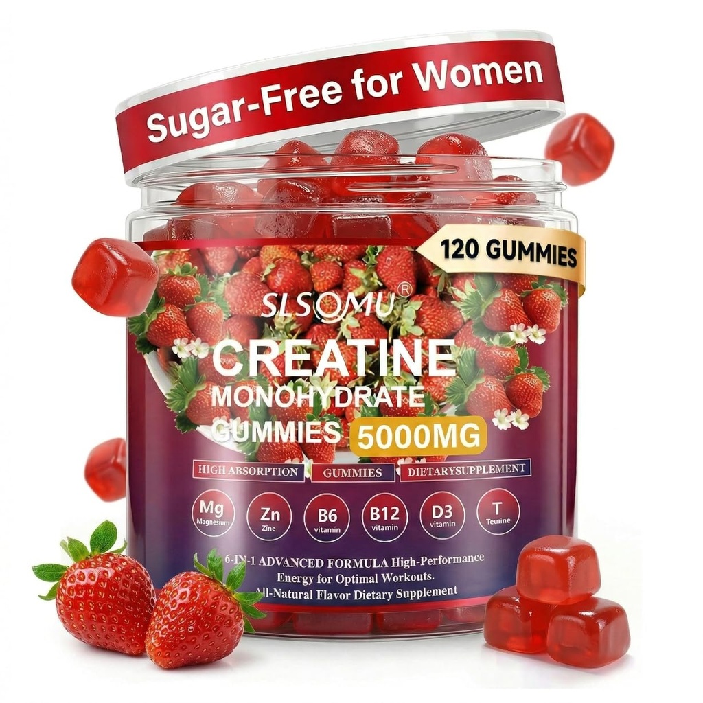Women, 5000 mg Pre-Workout Muscle Strength & Energy Support, 0 Sugar Kretine Gummy with L-Taurine, çinko, B12 B6, Strawberry Flavor, Vegan - 120 Gummies