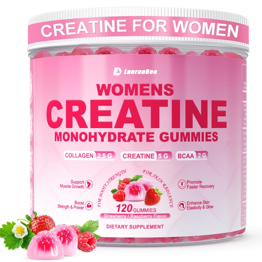 Creatine for Women, Creatine Monohydrate Gummies with Collagen, BCAA, L-Carnitine & Taurine, Strawberry Flavor, Energy Creatine Supplement for Muscle Strength, Energy Boost, Sugar Free, 120 Count