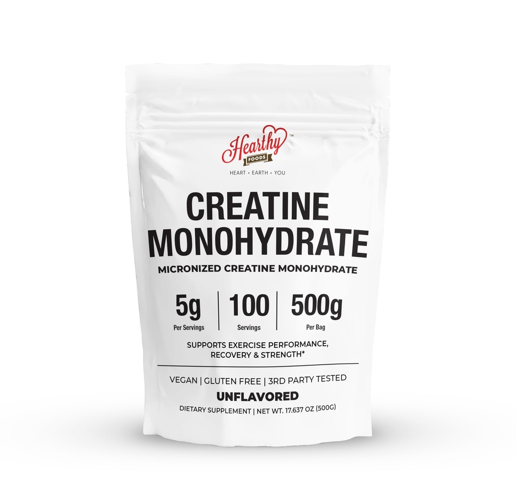 HEARTTHY FOODS Creatine Monohydrate Micronized Powder 500G - 100 Μερίδες, 5000mg ανά υπηρεσία (5g) - για άνδρες και γυναίκες ανάπτυξη μυών & ανάκτηση - UNFLAVORED