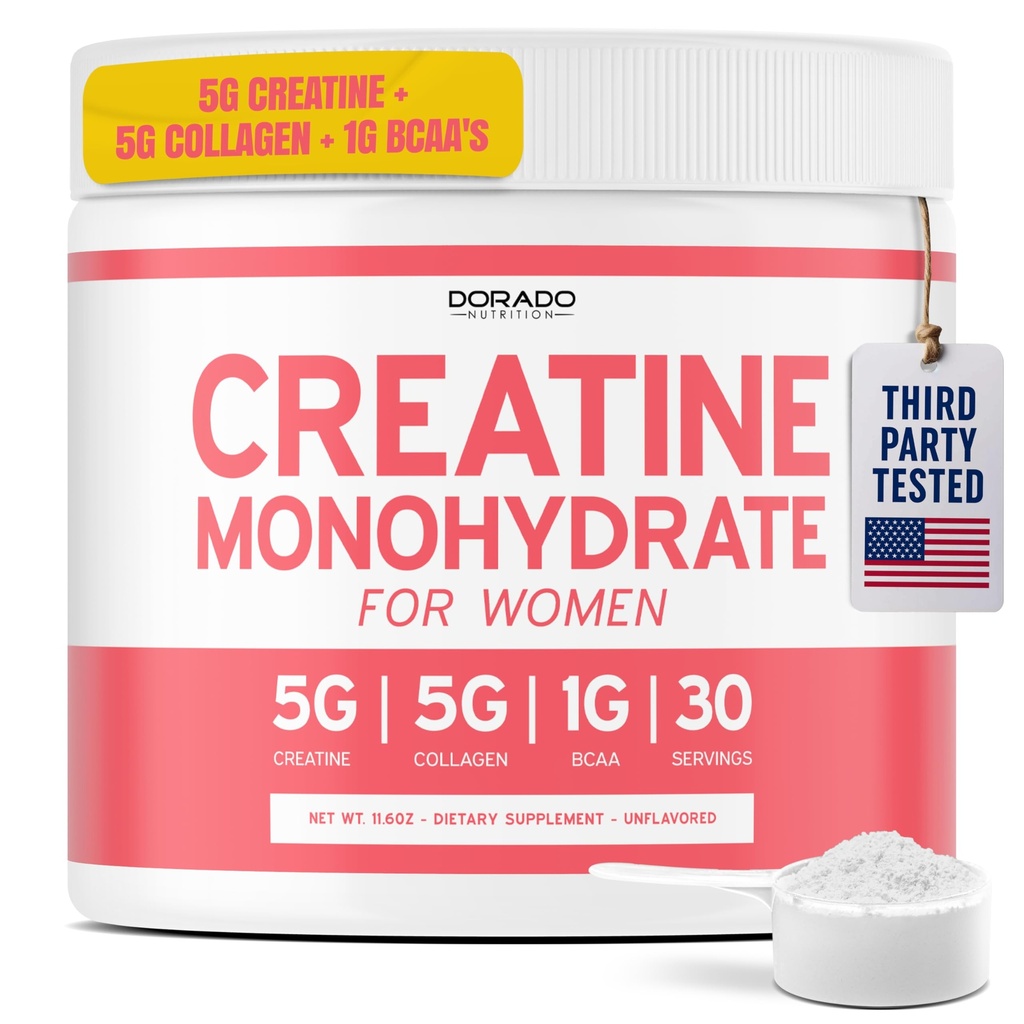 Kadınlar için Kretine Monohidrat Toz 5G + 5000 mg Collagen + 1000 mg BCAA 2:1 Toz (30 Hizmet) Destek Glutes, Lean Muscles, Recovery, Energy & Stamina Non-GMO, Gluten Free - ABD Made