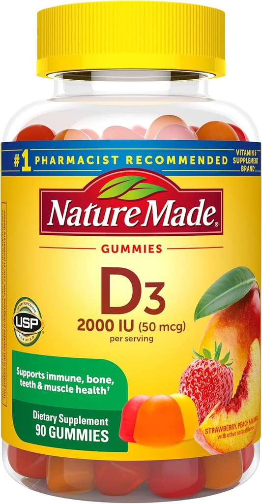 Nature Made Vitamin D3 2000 IU Per Care Gummies, Bone, Teeth, Muscle ve Immune Health Support, 45 Day Supply, 90 Vitamin D Gummies for Yetişkinler