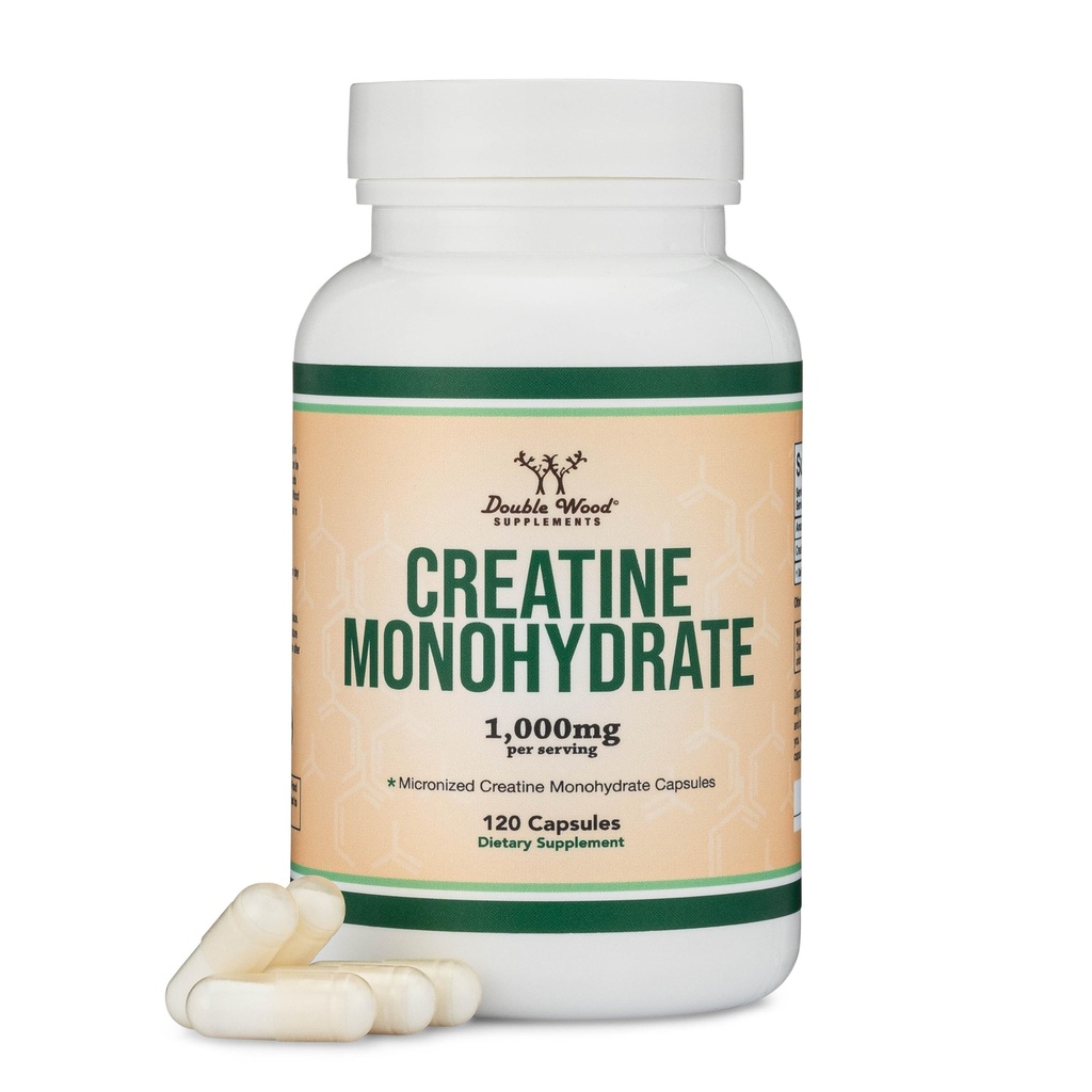 Creatine Monohydrate Capsules - 1g per Serving, 120 Count - No Fillers, Vegan Safe, Non-GMO, Gluten Free by Double Wood