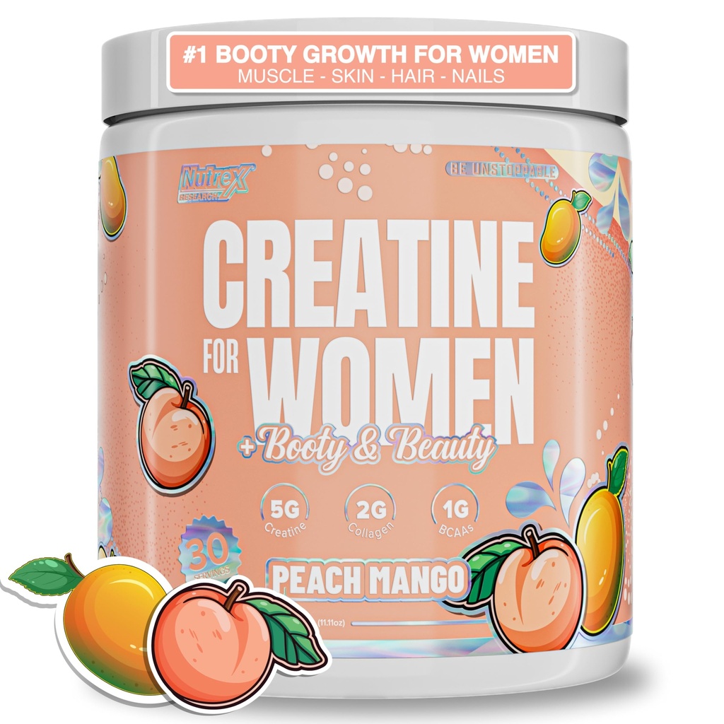 Nutrex Research Creatine for Women Booty & Beauty – Peach Manago | 5g Creatine, 2g Collagen, BCAAs & Hyaluronic Acid for Glutes, Strength & Skin | Gluten Free, 30 Servings