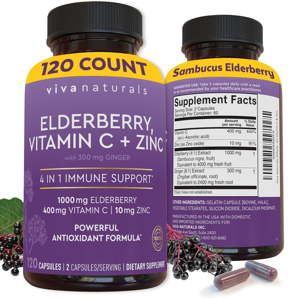 Viva Naturals Elderberry ile C ve çinko (120 Capsules) - 1000 mg Sambucus Elder Immune Support Supplement, Black Elderberry Capsules for Yetişkinler, Elderberry Vitamins - 2 Ay Supply