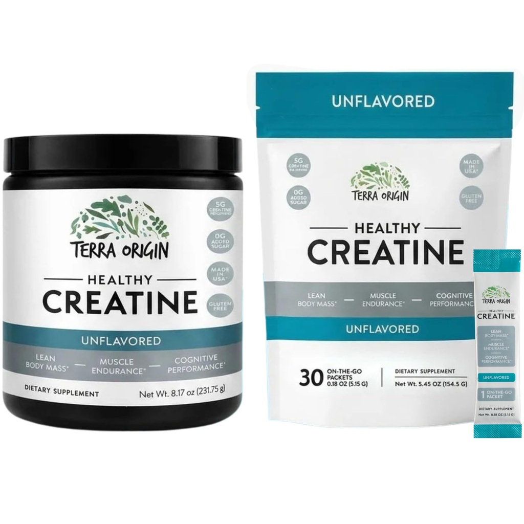 TERRA ORIGIN Kretine Monohidrat Paket | 75 Servisler Stick Pack ve Jar Combo | Micronized Toz Supplement | Muscle and Cognitive Performance* | Unflavored, Gluten Free, Zero Sugar