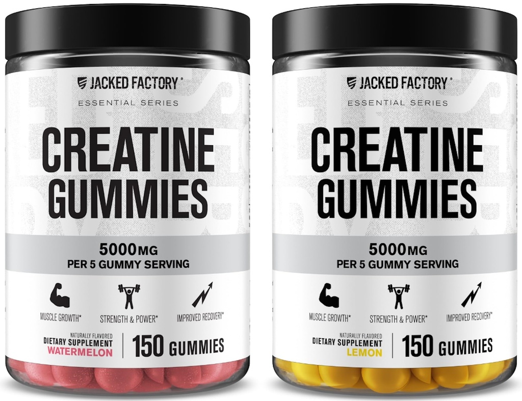 Jacked Factory Kreatine Monohidrat Gummies 5g Daily Dose (1g per Gummy) - Erkekler ve Kadınlar için Kretine Gummy, Vegan-Friendly, Travel-Friendly, Third-Party Tested - 150 Gummies, Watermelon & Lemon Gummies, Watermelon & Lemon Gummies