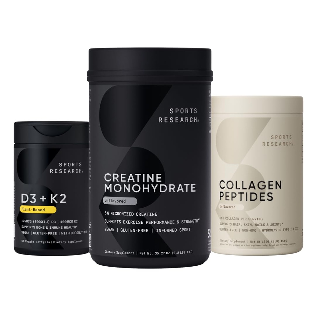 Sports Research® Supplements Pack - Creatine Monohydrate + Vegan D3 5000iu with Vitamin K2 100mg + Collagen Peptides for Women & Men