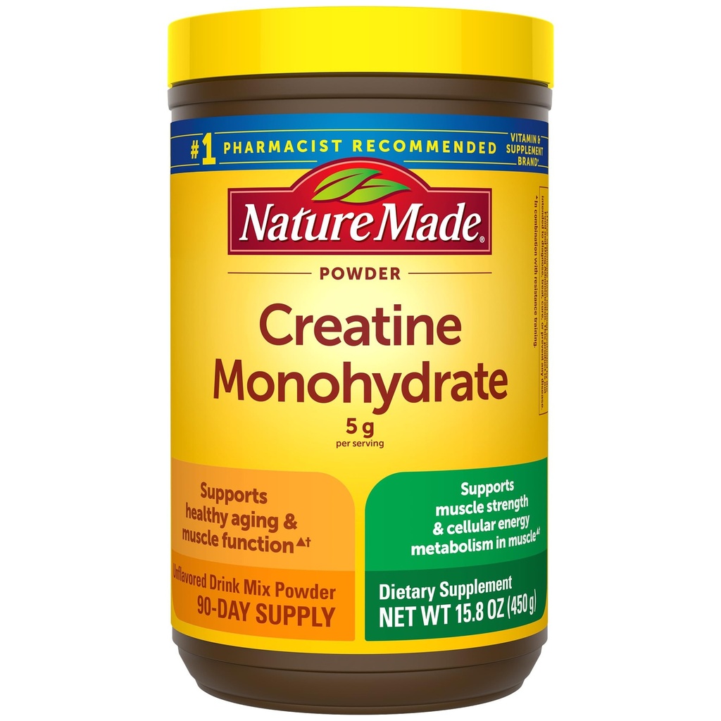 Nature Made Micronized Creatine Monohydrate Powder 5 g per Serving, Unflavored Drink Mix Powder, Muscle Support, 450 g, 90 Day Supply