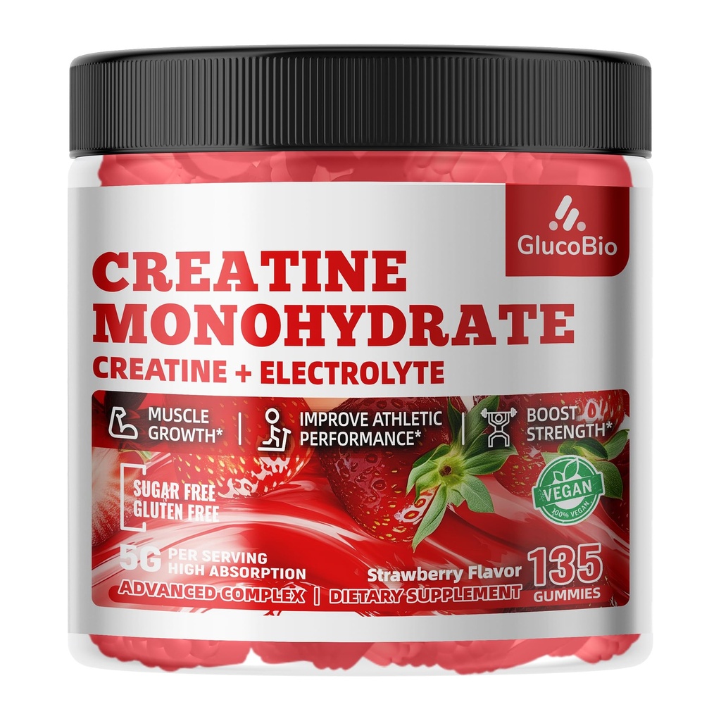 Creatine Monohydrate Gummies (5g) – Pre-Workout Energy & Muscle Growth Support for Men & Women | Strawberry Electrolyte Gummies (135 Count)