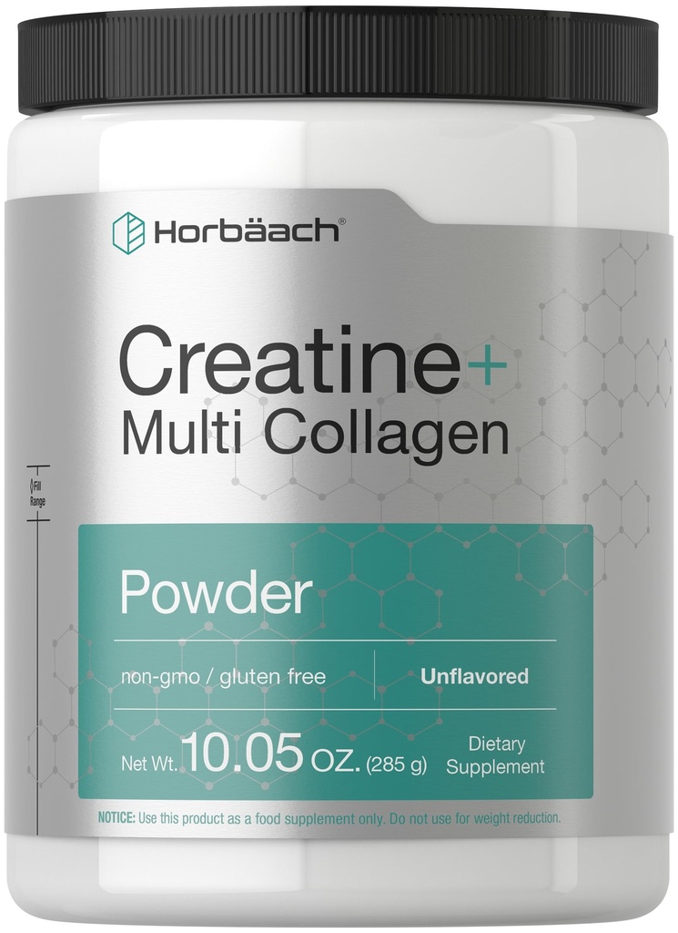 Horbäach Creatine Monohydrate Powder | with Collagen and L-Taurine | 10.05 oz | Unflavored | for Women and Men | Non-GMO, Gluten Free
