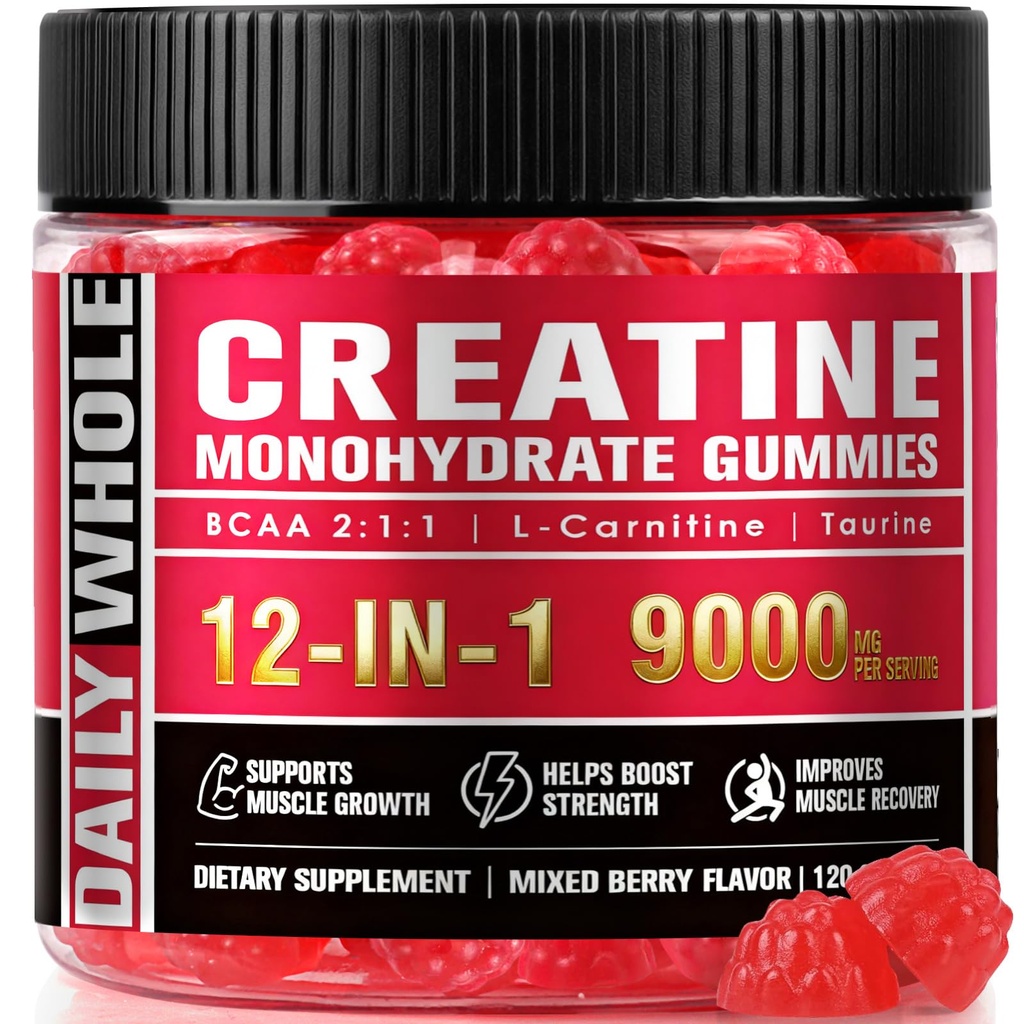 12 IN 1 Creatine Monohydrate Gummies Complex 9000mg for Women and Men to Support Muscle, Creatina gummy with L-Carnitine, B12, BCAA 2:1:1, Sugar Free, Non-GMO & Vegan, 120 Gummies, Mixed Berry Flavor