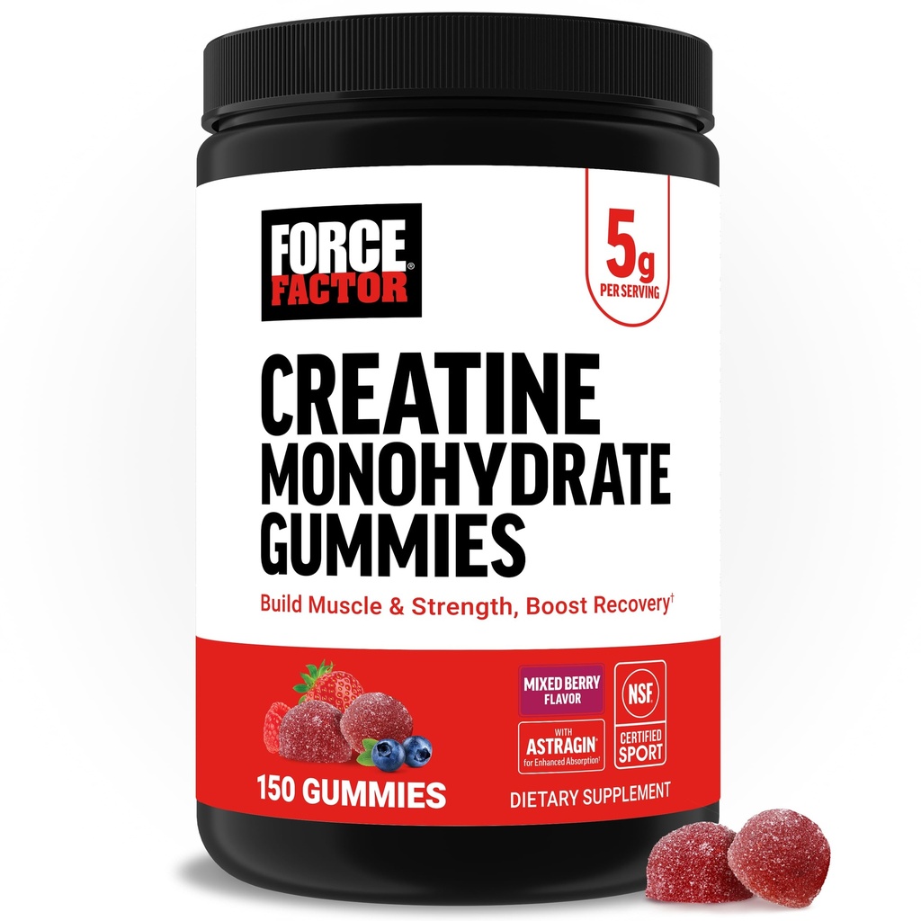 Force Factor Kretine Monohidrat Gummies, NSF sertifikalı, 5g Dose for Men & Women to Support Muscle, Strength, Recovery, Cognitive Health & Memory, Karma Berry, 150 Gummies