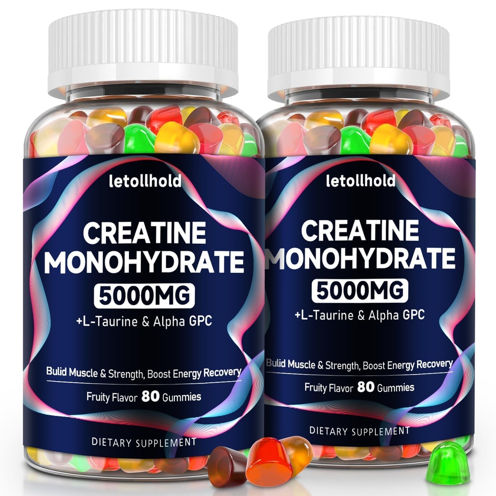 Kadın ve Erkekler için Kreatifler 5g - Kadınlar için Kreat Gummies Pre Workout Chewables with L-Taurine & Alpha GPC, Sugar-Free Muscle Builder, Energy Boost, Vegan Non-GMO (160)