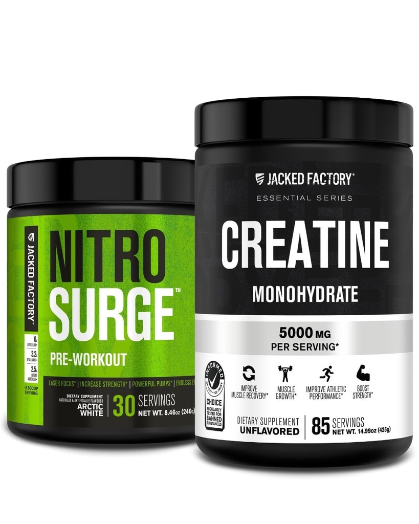 Jacked Factory Nitrosurge Pre-Workout &tine Monohidrat - Pre Workout Toz with Tinatine for Muscle growth, enhanced Strength, Endless Energy - Arctic White Preworkout & Unflavored Kretin