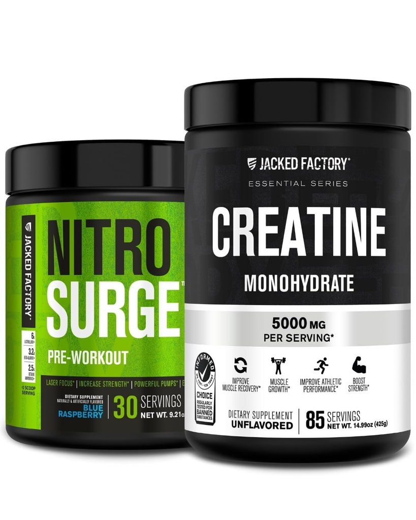 Jacked Factory Nitrosurge Pre-Workout & Creatine Monohydrate - Pre Workout Powder with Creatine for Muscle Growth, Increased Strength, Endless Energy - Blue Raspberry Preworkout & Unflavored Creatine