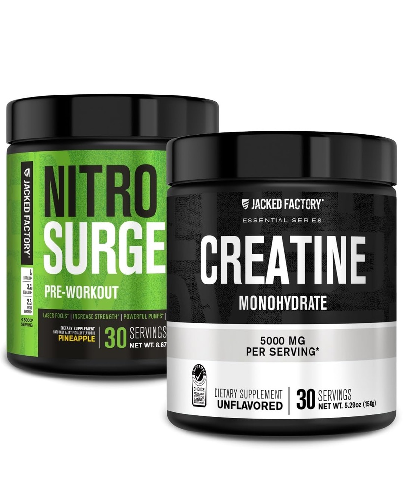 Jacked Factory NITROSURGE Pre Workout Supplement (Pineapple, 30 Servings) & Creatine Monohydrate Powder (Unflavored, 30 Servings)