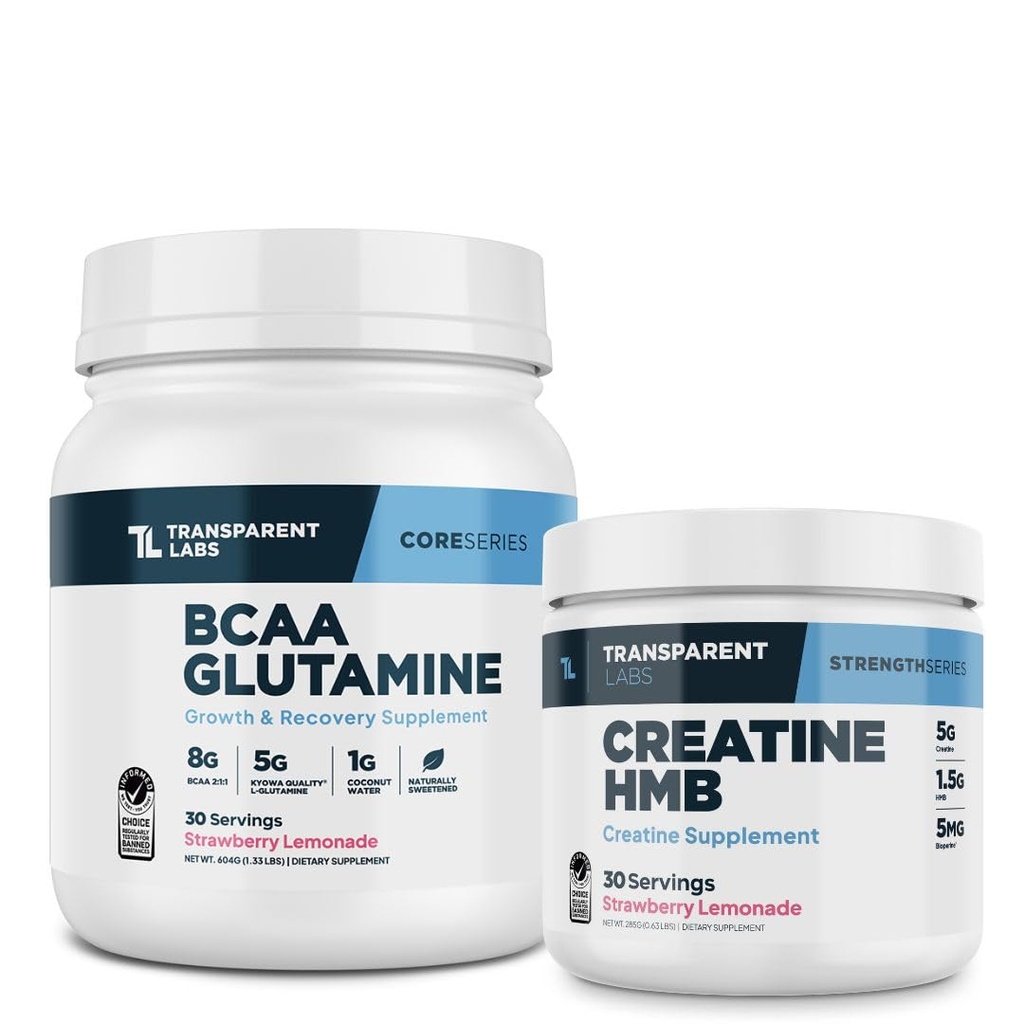 Transparent Labs BCAA Glutamine Powder (30 Servings, Strawberry Lemonade) & Creatine HMB (30 Servings, Strawberry Lemonade)