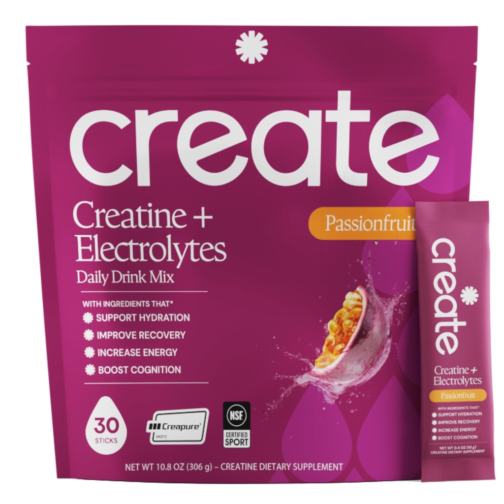Create Creatine + Electrolytes Mix - Creatine Monohydrate Stick Packs, Supports Energy and Hydration, NSF Certified for Sport, 30 Count, Passion Fruit