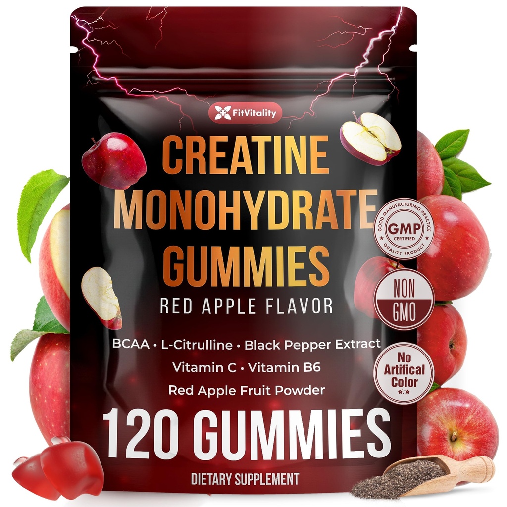 Premium 120 Creatine Gummies - Formulation with Creatine Monhydrate, Vitamin C & B6 - Vegan, Non-GMO, Sugar-Free, Red Apple Flavor