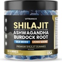 Pure Shilajit Gummies, Sea Moss, Ashwagandha, 105+ Trace Minerals – Organic Burdock Root & Lions Mane Mushroom - Blue Razz – Vegan & Non-GMO – Made in USA – 60ct